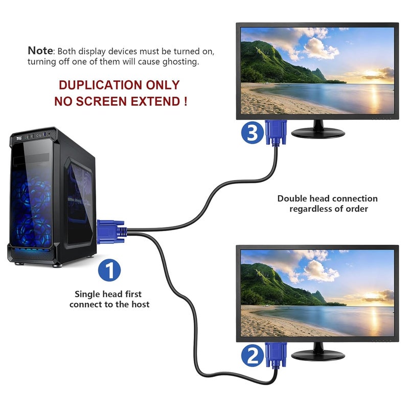PASOW VGA Splitter Cable (No Screen Extension) 1 Male to 2 Male Dual Monitor Y Adapter 1080P Full HD for projectors, HDTVs, Monitors (3 Feet) - Only for Screen Duplication - Work for Identical Monitor - Image 2